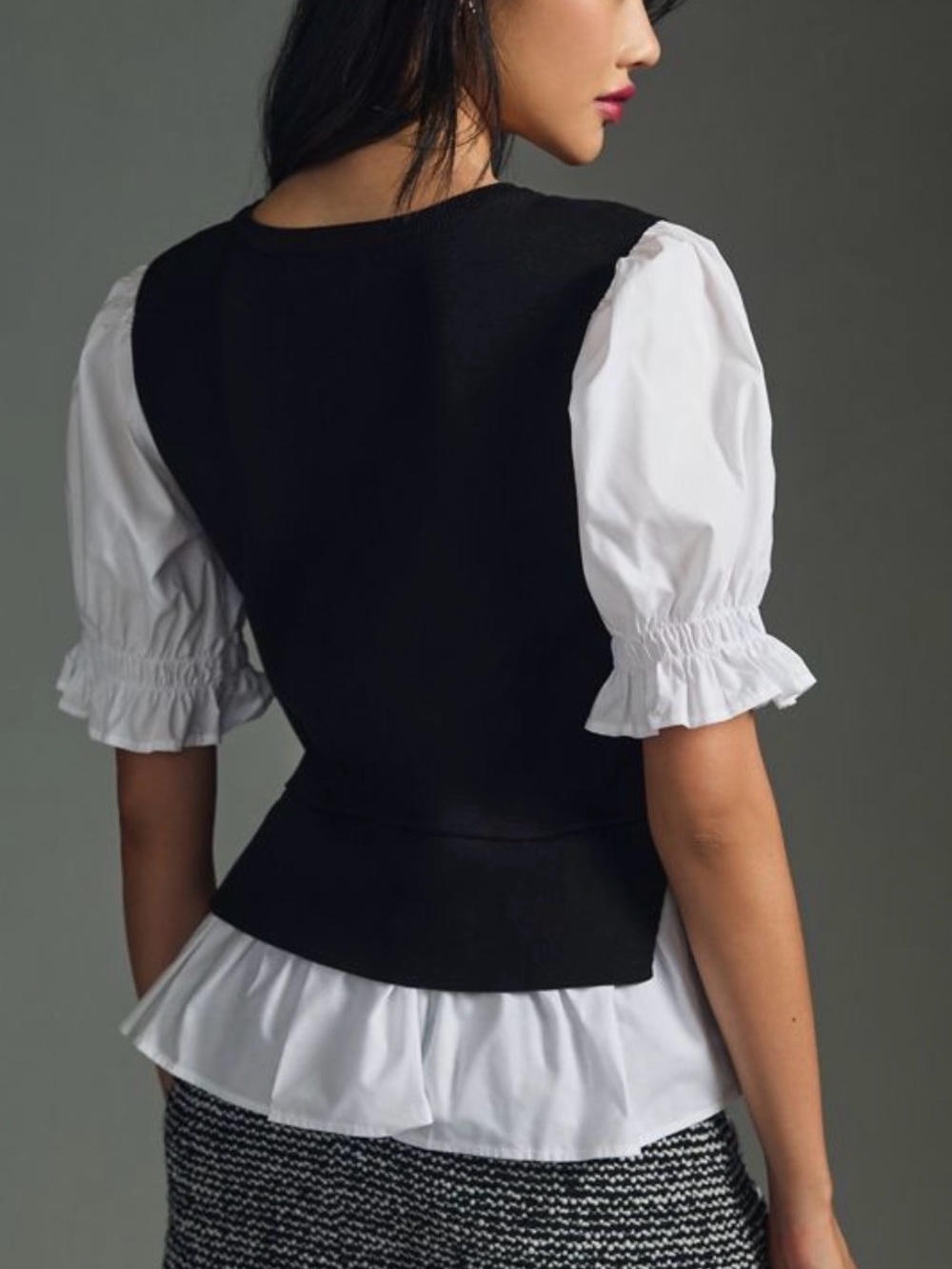 Anthropologie Black & White Mixed Media Puff Sleeve Peplum Faux Vest Top XL